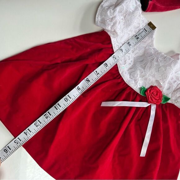 TWO Vintage 1990s Red Velvet Baby Dresses Lacey Floral Schnauzer Dog with Hat - Picture 11 of 13